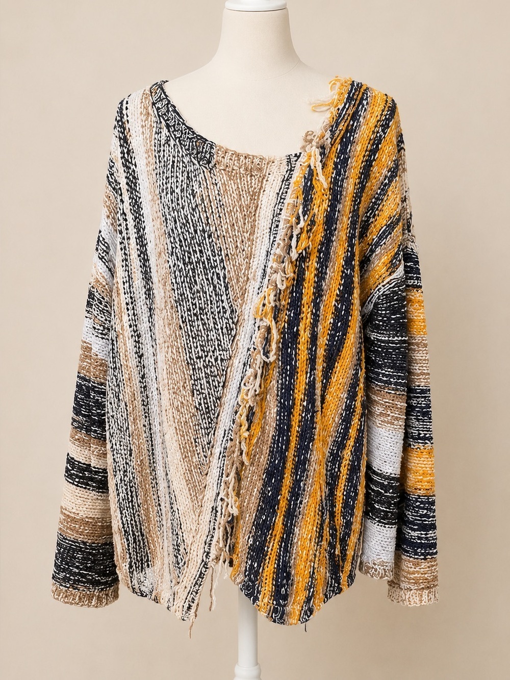 POL Multicolor Textured Bouclé Knit Sweater Large Boho Oversized Fall Pullover